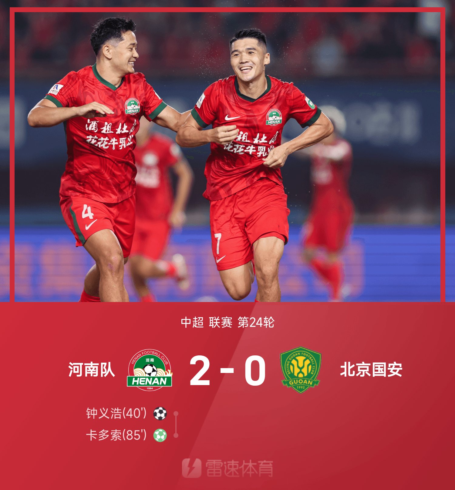 开云注册-中超战报:钟义浩百场建功,卡多索点射破门,河南2-0北京国安